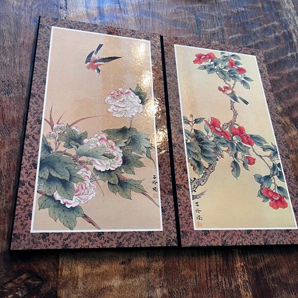 Set of 2 Vintage Japanese Floral & Bird Prints On Decorative Boards - Picture 2 of 8